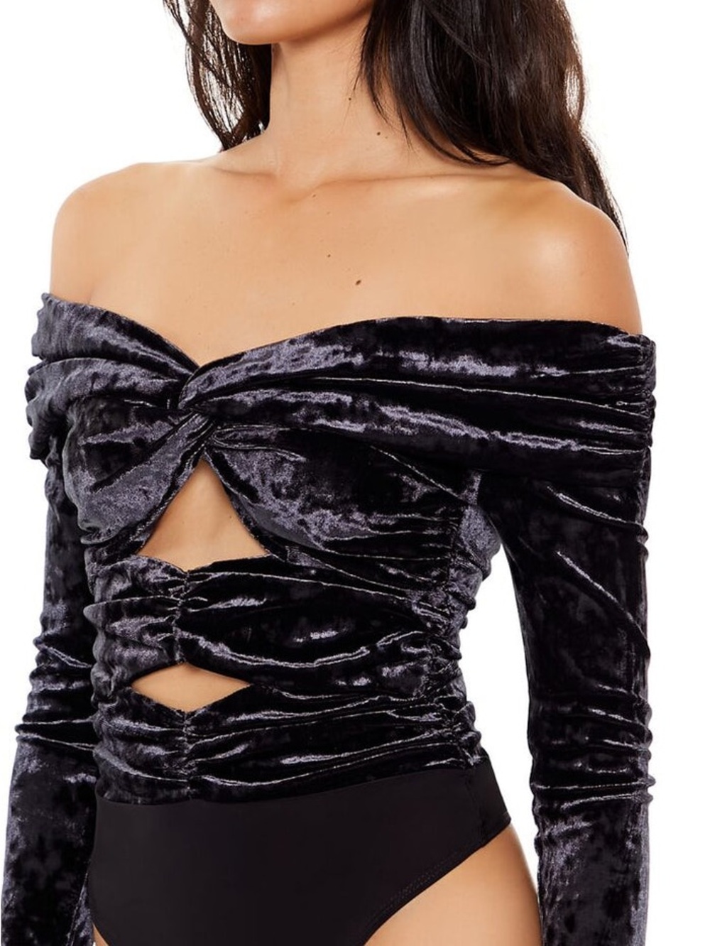 Off-Shoulder Black Velvet Twist Cutout Bodysuit